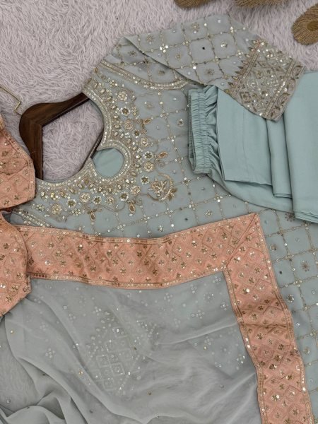 Rich Faux Georgette Embroidered Mirror Work Suit with Pant and Dupatta for Ethnic Wear  Ready To Wear Collection