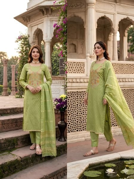 Rich Green Simmer Silk Jacquard Booti Suit with Kodding Sequin Work at Wholesale Rate 