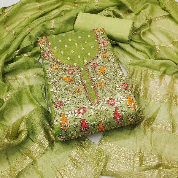 Rich Green Simmer Silk Jacquard Booti Suit with Kodding Sequin Work at Wholesale Rate Color Set Matching Dress Material Wholesale