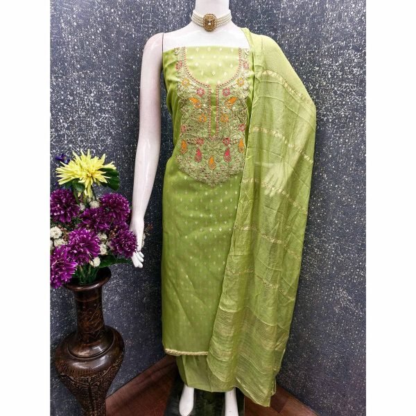 Rich Green Simmer Silk Jacquard Booti Suit with Kodding Sequin Work at Wholesale Rate Color Set Matching Dress Material Wholesale