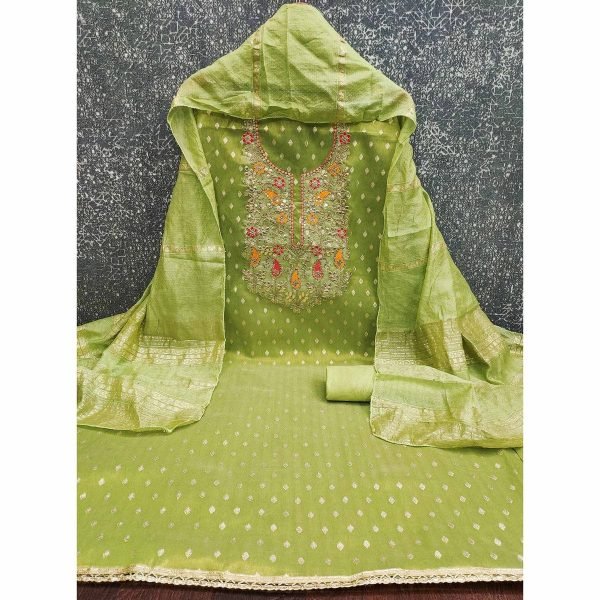 Rich Green Simmer Silk Jacquard Booti Suit with Kodding Sequin Work at Wholesale Rate Color Set Matching Dress Material Wholesale