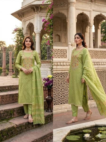 Rich Green Simmer Silk Jacquard Booti Suit with Kodding Sequin Work at Wholesale Rate Color Set Matching Dress Material Wholesale
