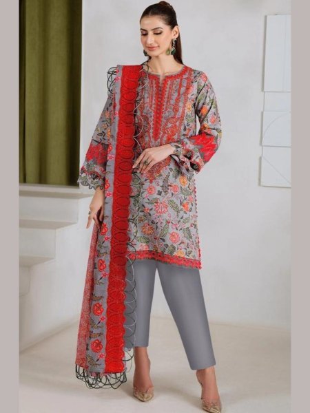 Rich Grey Pure Cotton Ethnic Suit with Semi Lawn Bottom and Printed Dupatta Salwar Kameez
