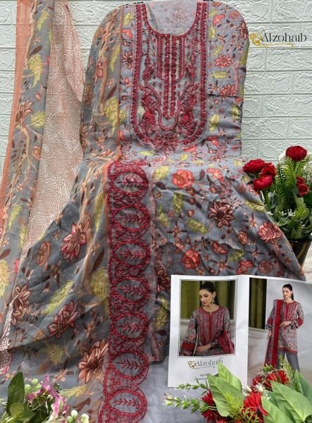 Rich Grey Pure Cotton Ethnic Suit with Semi Lawn Bottom and Printed Dupatta Pakistani Suits Wholesale