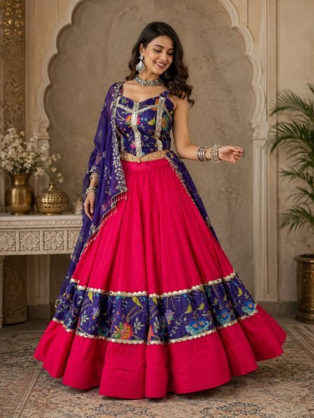 Rich Hot Pink Pure Cotton Navratri Lehenga Choli with Real Mirror Work  Lehenga