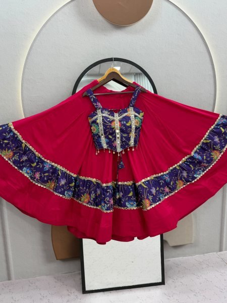 Rich Hot Pink Pure Cotton Navratri Lehenga Choli with Real Mirror Work Navratri Lehnega Choli