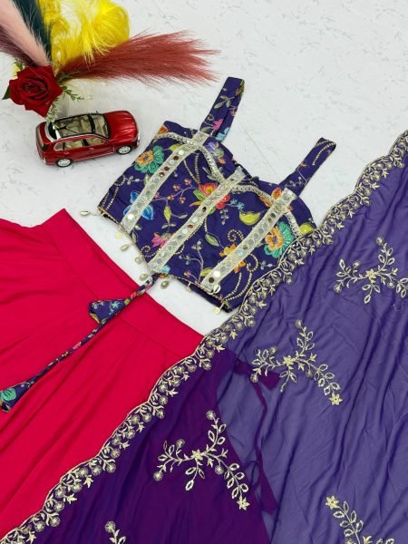 Rich Hot Pink Pure Cotton Navratri Lehenga Choli with Real Mirror Work Navratri Lehnega Choli