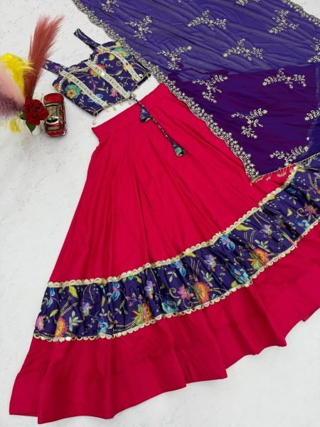 Rich Hot Pink Pure Cotton Navratri Lehenga Choli with Real Mirror Work Navratri Lehnega Choli