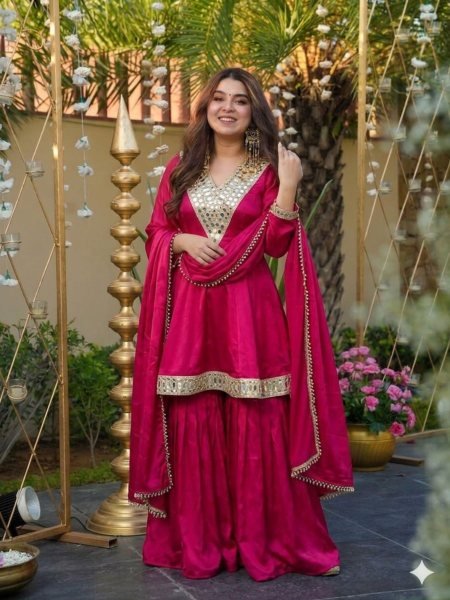 Rich Hot Pink Sharara Set Heavy Embroidery Mirror Work Soft Silk Fabric 