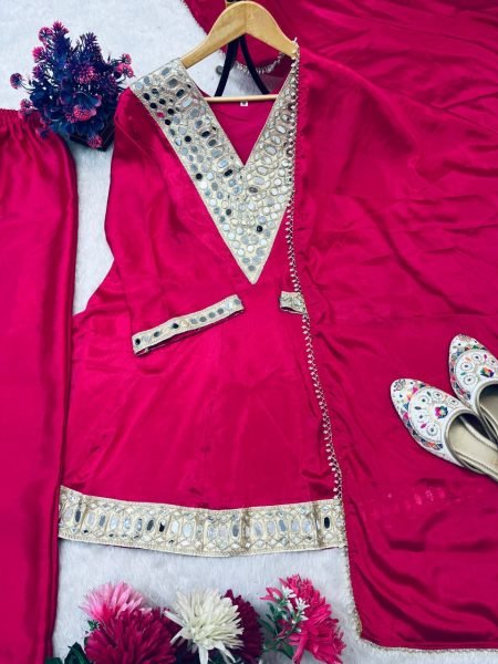 Rich Hot Pink Sharara Set Heavy Embroidery Mirror Work Soft Silk Fabric  Ready To Wear Collection