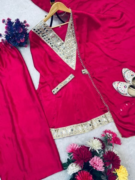 Rich Hot Pink Sharara Set Heavy Embroidery Mirror Work Soft Silk Fabric  Ready To Wear Collection