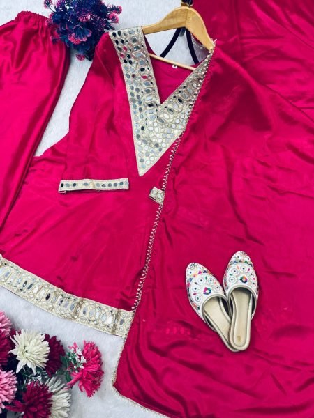 Rich Hot Pink Sharara Set Heavy Embroidery Mirror Work Soft Silk Fabric  Ready To Wear Collection