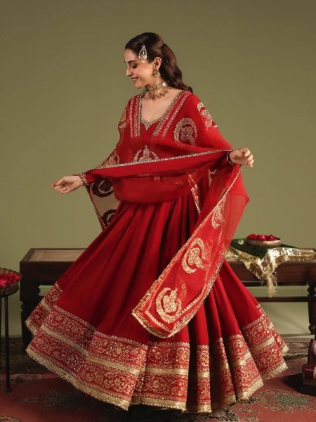 Rich Look Red Chinon Silk Embroidered Gown Set with Pant and Georgette Dupatta Ready To Wear Suit