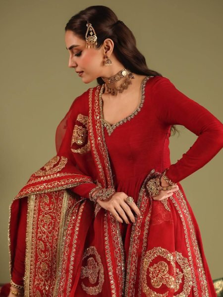 Rich Look Red Chinon Silk Embroidered Gown Set with Pant and Georgette Dupatta Ready To Wear Collection