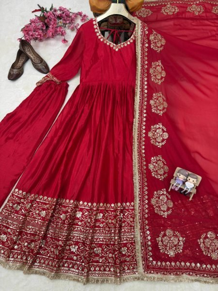 Rich Look Red Chinon Silk Embroidered Gown Set with Pant and Georgette Dupatta Ready To Wear Collection