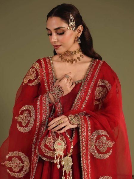 Rich Look Red Chinon Silk Embroidered Gown Set with Pant and Georgette Dupatta Ready To Wear Collection
