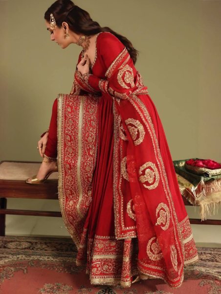 Rich Look Red Chinon Silk Embroidered Gown Set with Pant and Georgette Dupatta Ready To Wear Collection
