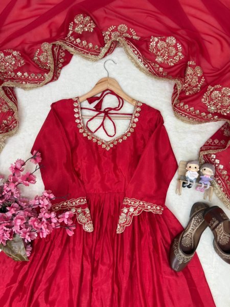 Rich Look Red Chinon Silk Embroidered Gown Set with Pant and Georgette Dupatta Ready To Wear Collection