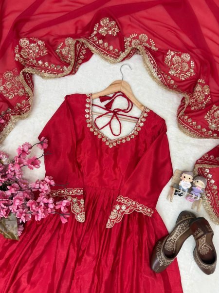 Rich Look Red Chinon Silk Embroidered Gown Set with Pant and Georgette Dupatta Ready To Wear Collection