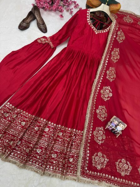 Rich Look Red Chinon Silk Embroidered Gown Set with Pant and Georgette Dupatta Ready To Wear Collection