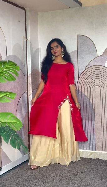 Rich Look Red Silk Kurti Palazzo Set for Wedding Season Anarkali Kurtis 