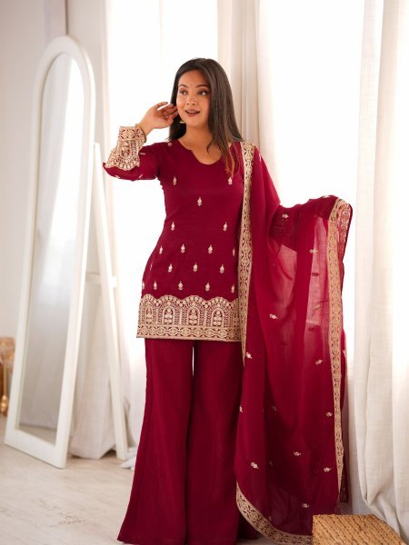 Rich Maroon Crunchy Silk Kurta Pant Set with with Dori and Jari Work Dupatta For Party Wear Ready To Wear Suit