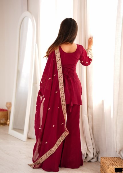 Rich Maroon Crunchy Silk Kurta Pant Set with with Dori and Jari Work Dupatta For Party Wear Ready To Wear Collection