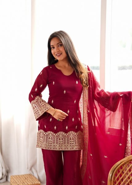 Rich Maroon Crunchy Silk Kurta Pant Set with with Dori and Jari Work Dupatta For Party Wear Ready To Wear Collection
