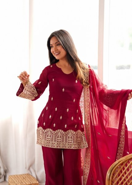 Rich Maroon Crunchy Silk Kurta Pant Set with with Dori and Jari Work Dupatta For Party Wear Ready To Wear Collection