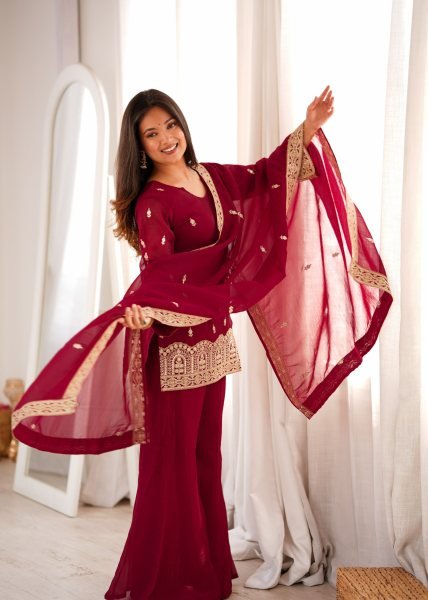 Rich Maroon Crunchy Silk Kurta Pant Set with with Dori and Jari Work Dupatta For Party Wear Ready To Wear Collection