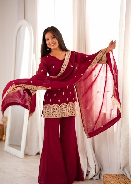 Rich Maroon Crunchy Silk Kurta Pant Set with with Dori and Jari Work Dupatta For Party Wear Ready To Wear Collection