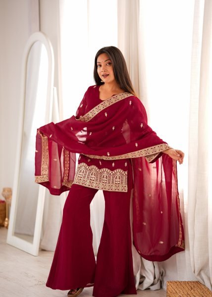 Rich Maroon Crunchy Silk Kurta Pant Set with with Dori and Jari Work Dupatta For Party Wear Ready To Wear Collection