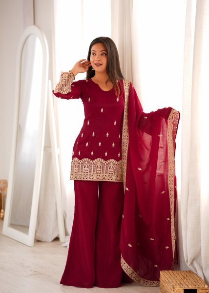 Rich Maroon Crunchy Silk Kurta Pant Set with with Dori and Jari Work Dupatta For Party Wear Ready To Wear Collection
