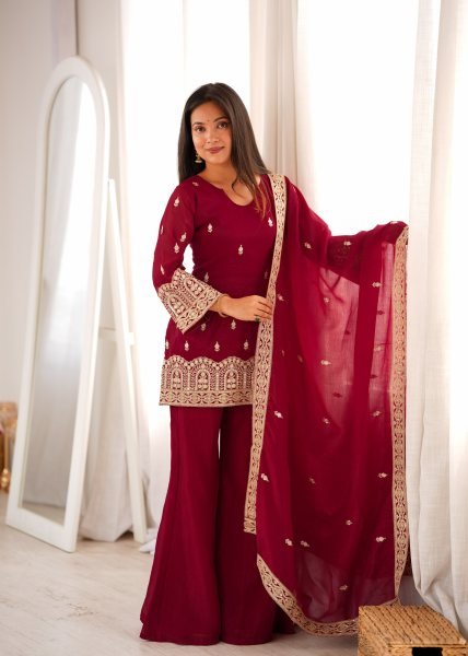 Rich Maroon Crunchy Silk Kurta Pant Set with with Dori and Jari Work Dupatta For Party Wear Ready To Wear Collection