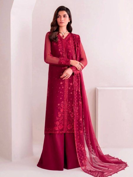 Rich Maroon Embroidered Georgette Palazzo Set with Net Dupatta Festive Wear Collection Ready To Wear Collection