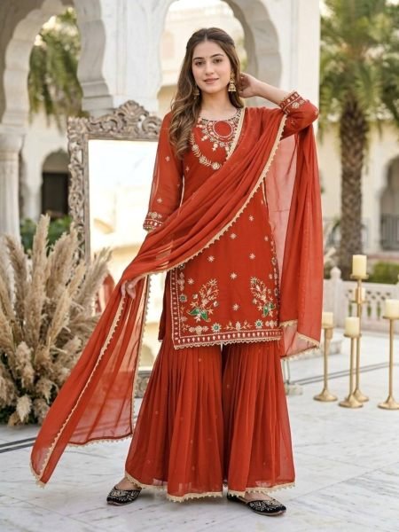 Rich Orange Heavy Embroidery Faux Georgette Palazzo Suit with Pearl Moti Handwork Ready To Wear Suit