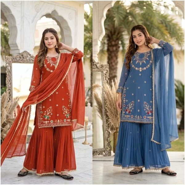 Rich Orange Heavy Embroidery Faux Georgette Palazzo Suit with Pearl Moti Handwork Ready To Wear Collection