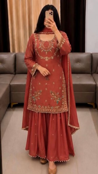 Rich Orange Heavy Embroidery Faux Georgette Palazzo Suit with Pearl Moti Handwork Ready To Wear Collection