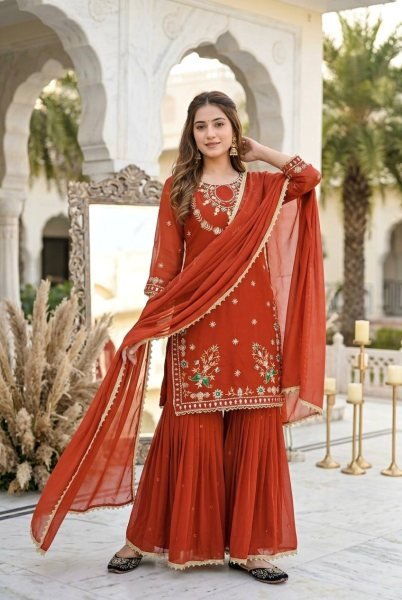 Rich Orange Heavy Embroidery Faux Georgette Palazzo Suit with Pearl Moti Handwork Ready To Wear Collection