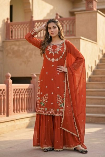 Rich Orange Heavy Embroidery Faux Georgette Palazzo Suit with Pearl Moti Handwork Ready To Wear Collection