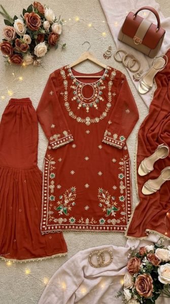 Rich Orange Heavy Embroidery Faux Georgette Palazzo Suit with Pearl Moti Handwork Ready To Wear Collection