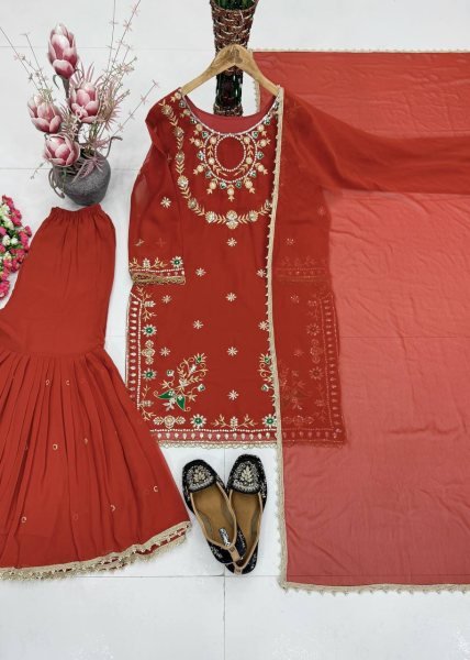 Rich Orange Heavy Embroidery Faux Georgette Palazzo Suit with Pearl Moti Handwork Ready To Wear Collection