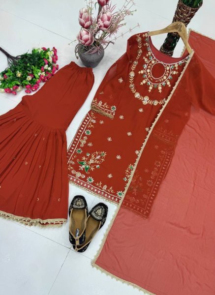 Rich Orange Heavy Embroidery Faux Georgette Palazzo Suit with Pearl Moti Handwork Ready To Wear Collection