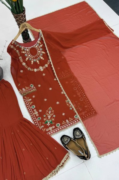 Rich Orange Heavy Embroidery Faux Georgette Palazzo Suit with Pearl Moti Handwork Ready To Wear Collection