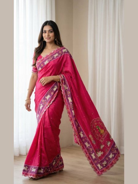 Rich Pink Chinnon Saree with Gop Kana Figure Design for Women Sarees 