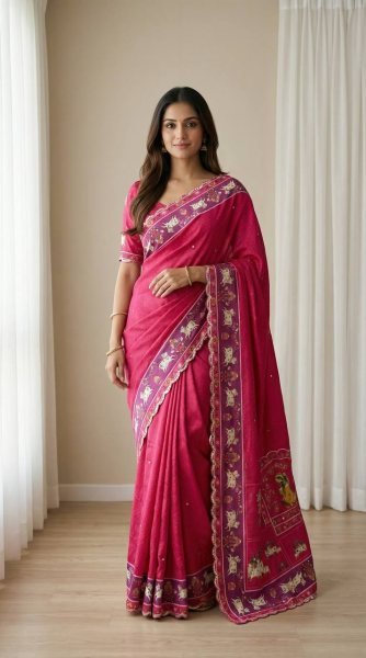 Rich Pink Chinnon Saree with Gop Kana Figure Design for Women Silk Sarees Wholesale