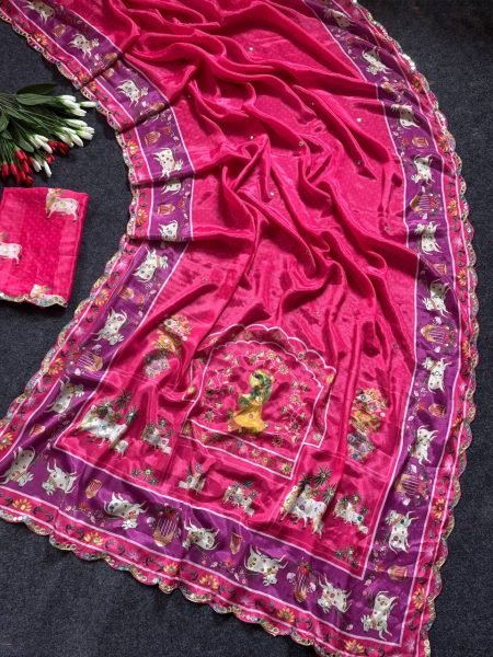 Rich Pink Chinnon Saree with Gop Kana Figure Design for Women Silk Sarees Wholesale
