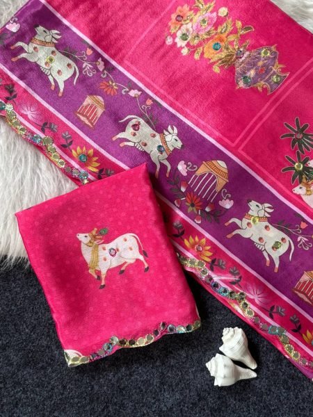 Rich Pink Chinnon Saree with Gop Kana Figure Design for Women Silk Sarees Wholesale