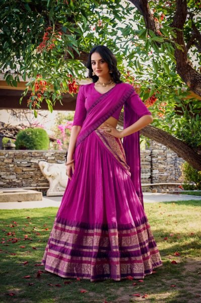 Rich Pink Pure Chanderi Lehenga with Canvas Stitching and Micro Cotton Inner Half Saree Lehenga