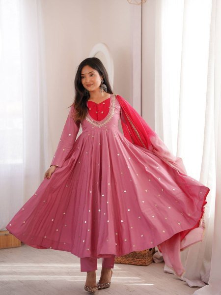 Rich Pink Roman Silk Anarkali Suit with Real Mirror Work and Kota Checks Dupatta 